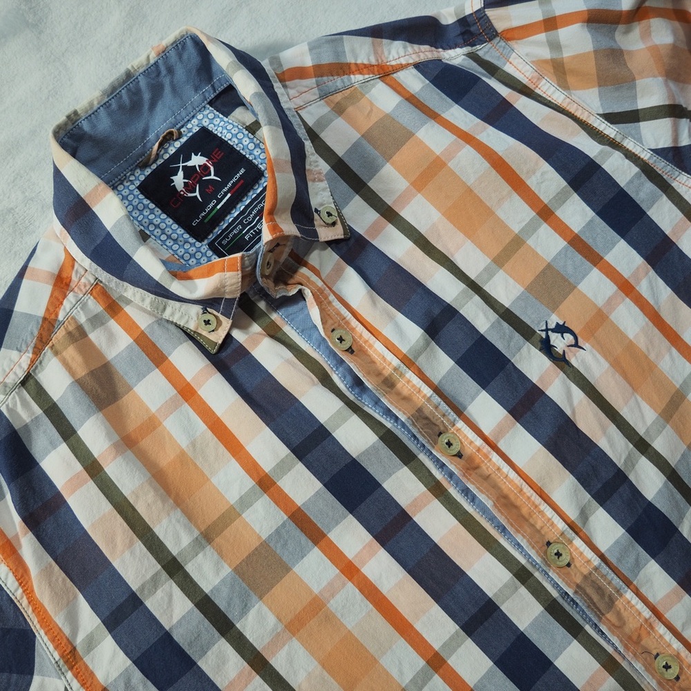 Claudio Campione Sz M Casual Button-Down Plaid Shirt - Orange, Navy & White